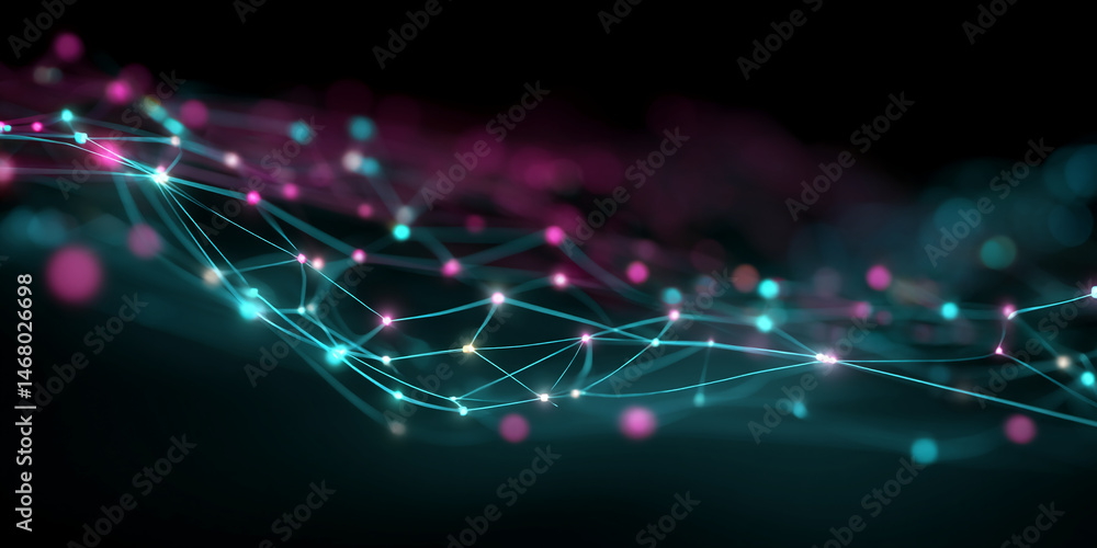 Poster abstract image of glowing teal lines connecting pink and teal dots against a dark background, sugges