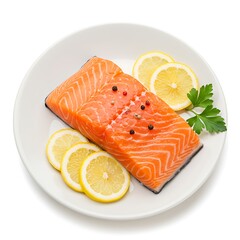 Fresh salmon fillet with lemon slices on plate isolated on white background
