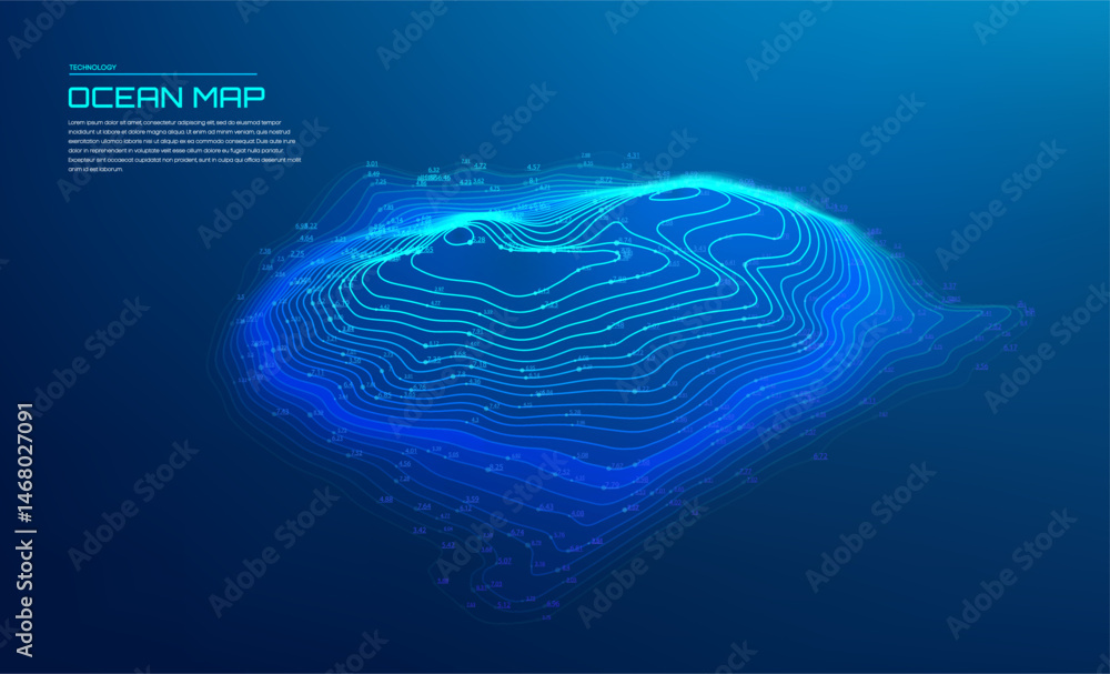 Poster 3d ocean map nautical with 3d glowing contour lines and bathymetric depth levels on a dark blue grad