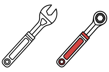 Two wrenches, one outlined and one with red accent, are isolated against white space
