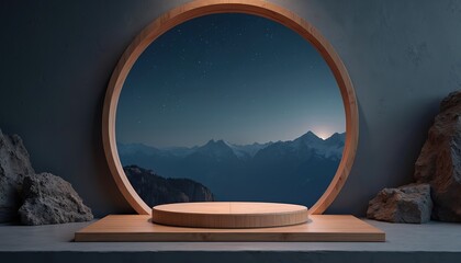 Fototapeta premium Minimalistic wooden podium product presentation. Empty stage with starry night sky, mountains background. Perfect for cosmetics advertising, jewelry, fashion design, beauty products. Stylish scene
