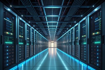 Fototapeta premium Modern server room infrastructure showing rows of computer servers for data storage