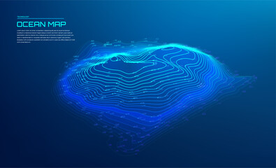 3d ocean map nautical with 3D glowing contour lines and bathymetric depth levels on a dark blue gradient background for marine mapping and analysis © RDVector