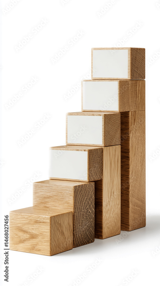 Poster wooden blocks staircase with blank labels, showcasing a minimalist product display concept suitable 