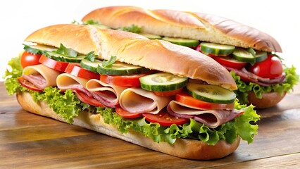 Delicious gourmet submarine sandwiches filled with fresh vegetables and deli meat on a wooden surface
