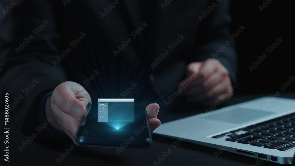 Poster a sleek smartphone displaying a chat ai interface next to a laptop, illustrating modern communicatio
