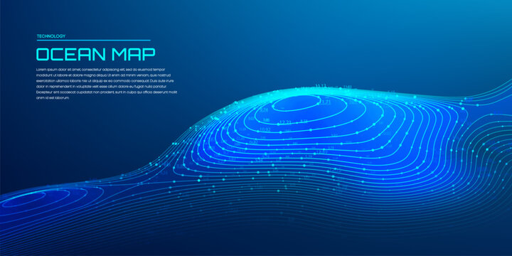 3d ocean map with detailed glowing depth contour lines and digital elevation data on dark blue background for underwater topographic analysis