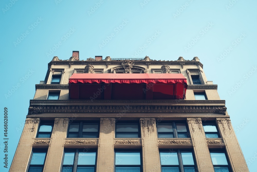 Poster a building with a red awning on top of it
