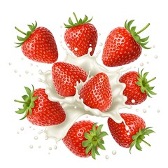 Fresh strawberries falling into milk splash isolated on white background