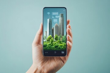 Hand holding phone displaying a city park and skyscrapers.  Augmented reality?