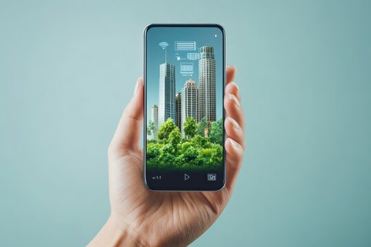 Hand holding phone displaying a city park and skyscrapers.  Augmented reality?