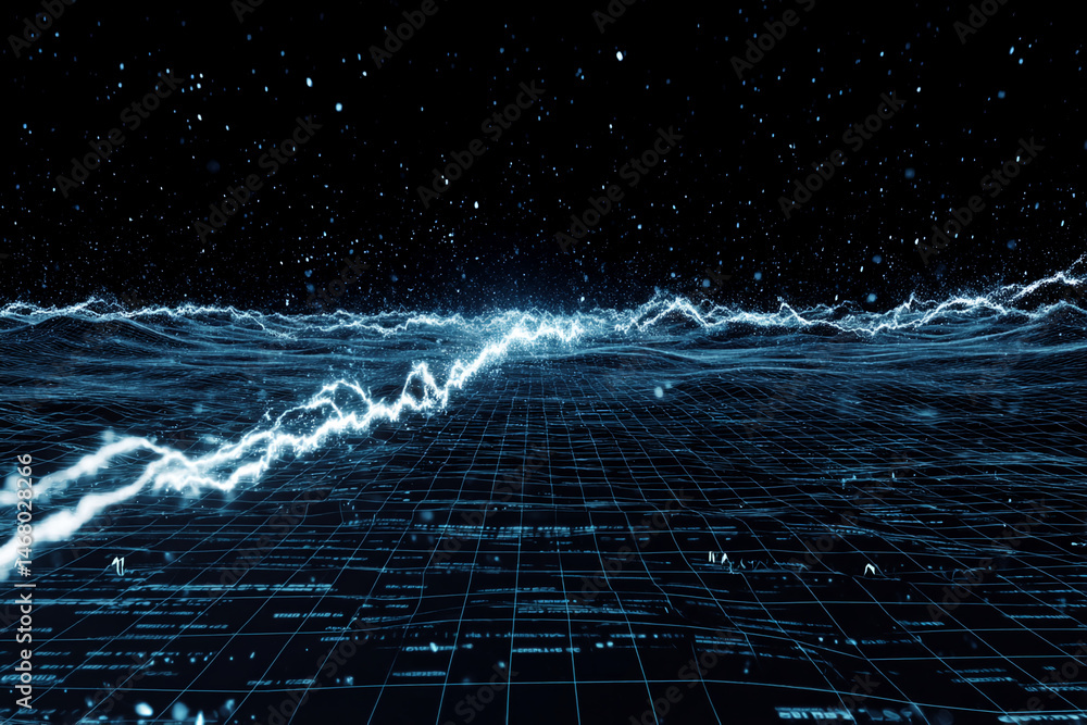 Poster abstract digital landscape with glowing grid and particles, evoking a sense of technology, data flow