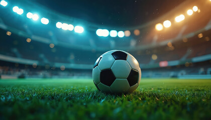 Soccer ball rests on green field at night stadium with bright lights. Game action, competition, team sport with goal. Championship, victory, athlete training. Modern sports.