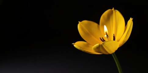 Burning candle, yellow tulip, black background, flower, atmosphere
