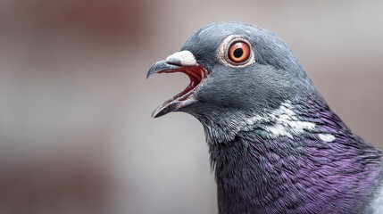 Close-up of a pigeon with an open beak.