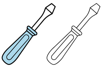 Light blue handled screwdriver stands alongside a blank outline version of itself on white