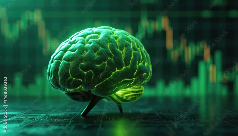Poster Futuristic green brain with data visualization background. AI, neuroscience concept, symbol of virtual intelligence. Algorithm design. Digital technology. Innovative tech for future. Cerebral.