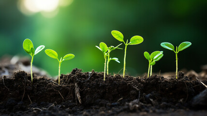 growing green plant with a small tree in the ground on a black background.