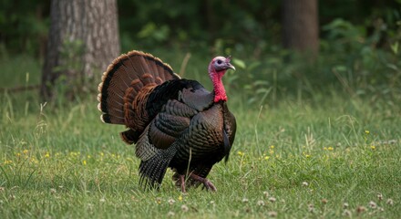 Fototapeta premium Wild turkey in a grassy field