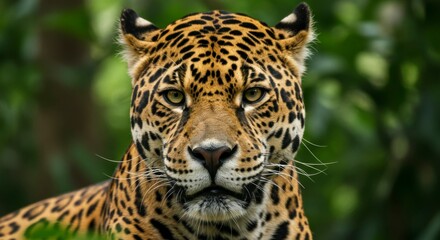 Jaguar close-up in lush green foliage