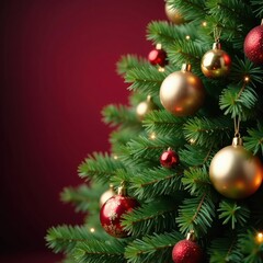 Fototapeta premium Luxurious evergreen bough draped with glittering gold, red and white holiday accents , plant, holiday decor, red ornament