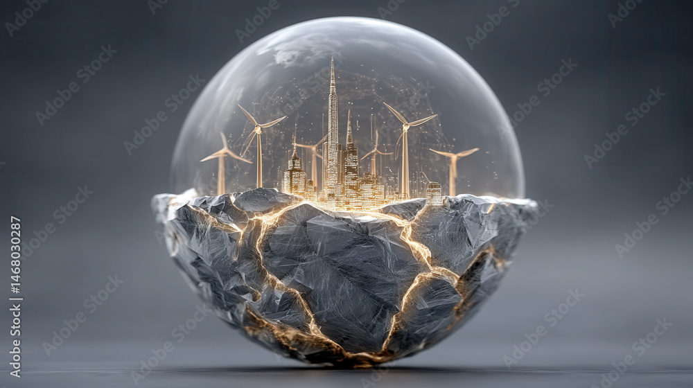 Poster floating hydrogen storage sphere powers eco-friendly metropolis with digital energy output displays 