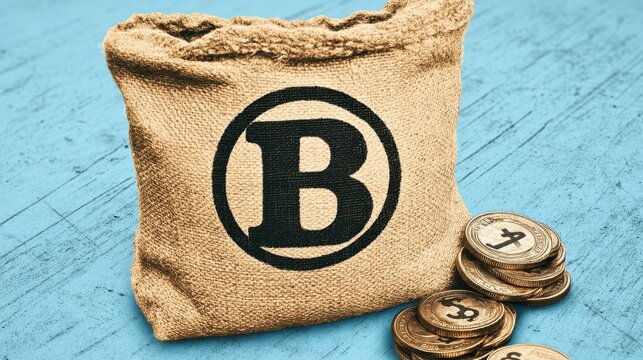 A burlap sack with the letter B and round chips resting on a blue wooden surface conveying savings and banking concepts