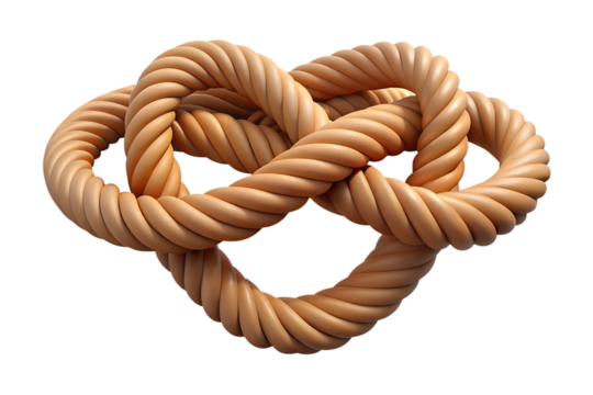 A colorful coil of twisted rope shows a tied knot, isolated as a close-up object on white