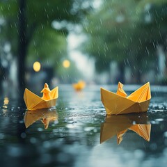 Two origami boats in a rain puddle