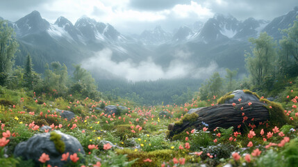 3D render of an animated scene depicting the lush greenery and misty hills, with moss-covered rocks and wildflowers in full bloom
