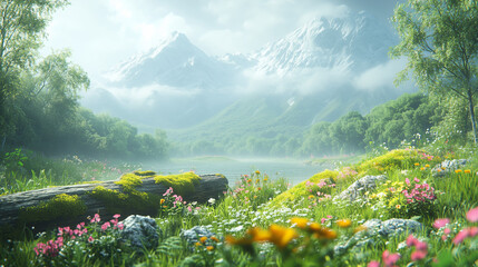 3D render of an animated scene depicting the lush greenery and misty hills, with moss-covered rocks and wildflowers in full bloom