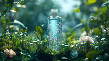 Product photography, a shampoo bottle on a grassy hill surrounded by natural ingredients in an elegant and harmonious arrangement. 