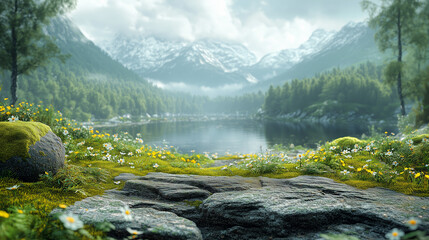 3D render of an animated scene depicting the lush greenery and misty hills, with moss-covered rocks and wildflowers in full bloom