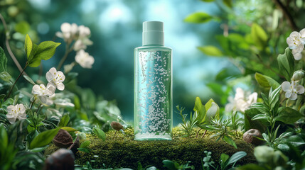 Product photography, a shampoo bottle on a grassy hill surrounded by natural ingredients in an elegant and harmonious arrangement. 