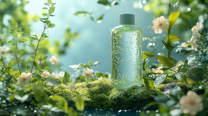 Product photography, a shampoo bottle on a grassy hill surrounded by natural ingredients in an elegant and harmonious arrangement. 