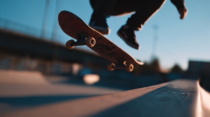 Skater Performing Trick at Sunset in Urban Skatepark Setting