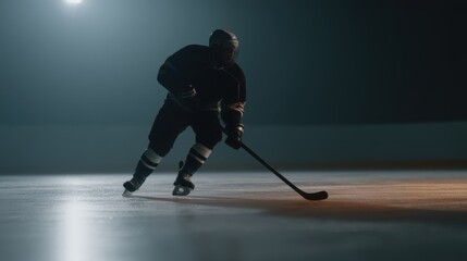 Fototapeta premium Focused Hockey Player Skating on Ice Rink Under Bright Lights Practicing Sportsmanship Skillfully