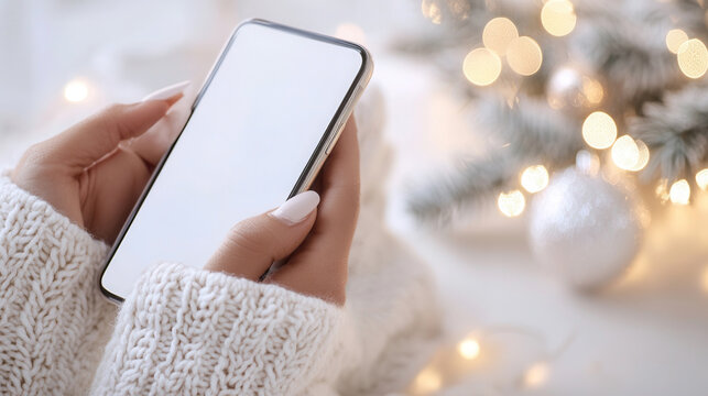 Close up of black skin female hands holding phone in a cozy white Christmas room with festive lights. mockup, copy space, background for text