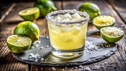Fototapeta premium Refreshing margarita cocktail with salt rim and fresh limes on a rustic wooden surface