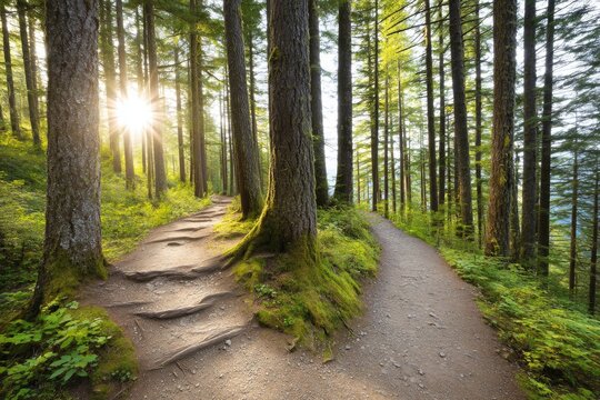 Sunlit forest path splits, offering two directions amidst lush greenery and towering trees