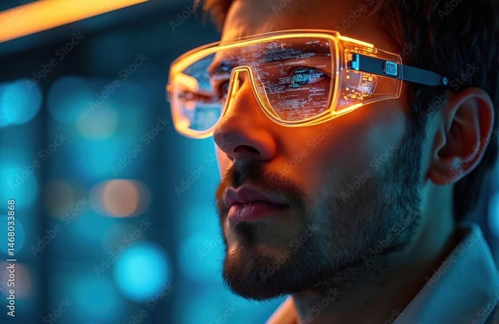 Poster ai researcher wearing futuristic glasses looking at data. innovative tech creating intelligent syste