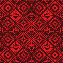 A bold boho seamless pattern featuring floral tribal elements in red tones. Designed for fashion