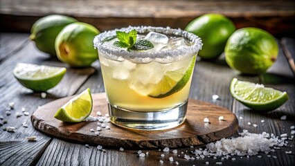 Fototapeta premium Refreshing margarita cocktail garnished with limes, mint and salt on a wooden surface