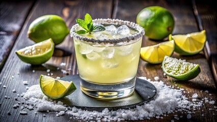 Fototapeta premium Refreshing margarita cocktail with limes salt and mint on a wooden surface