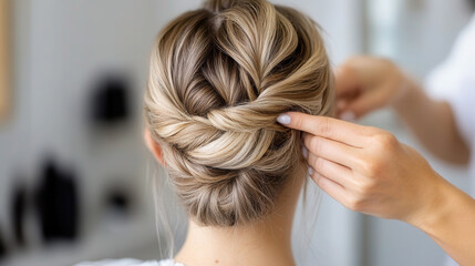 Hairstylist creates elegant wedding hairstyle for special occasion in salon setting