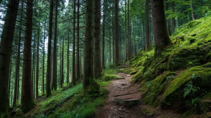 Fototapeta premium a forest path leading through tall trees