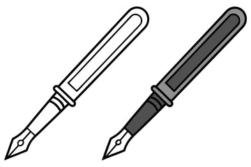 Two fountain pens, one black outline and one gray shaded, stand on a solid background