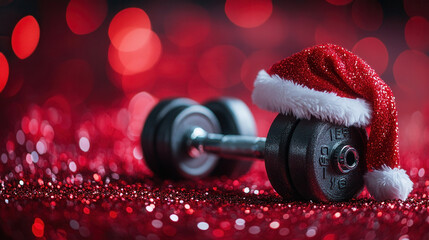 Dumbbell with Santa Claus hat placed on sparkling red glitter background for festive fitness motivation.banner, background for text, flyer for sports gym club, yoga studio, for Christmas and New Year 