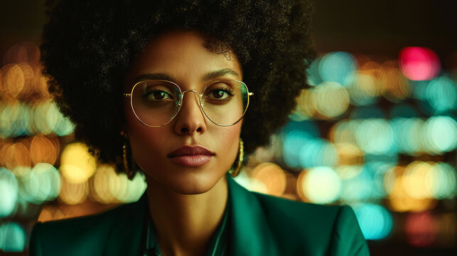 Close-up portrait of a woman with an afro hairstyle wearing glasses, against a bokeh background of city lights, conveying confidence and modern style.