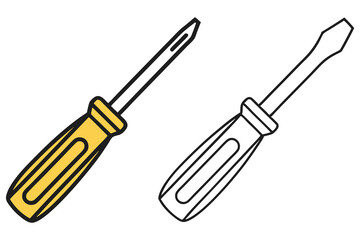 Flathead screwdriver with yellow handle is shown alongside an outlined version of itself